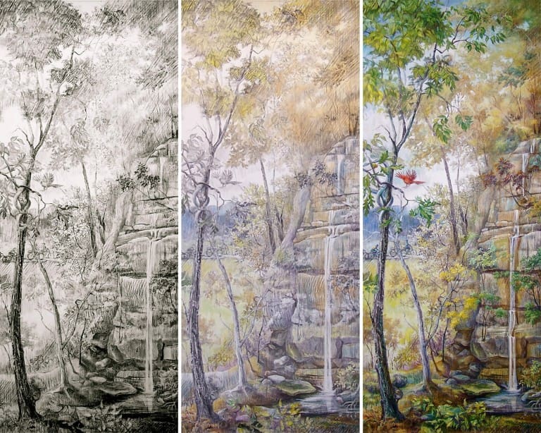 Technique-of-mixed-media-paintings-using-layers-of-charcoal-acrylics-and-oil